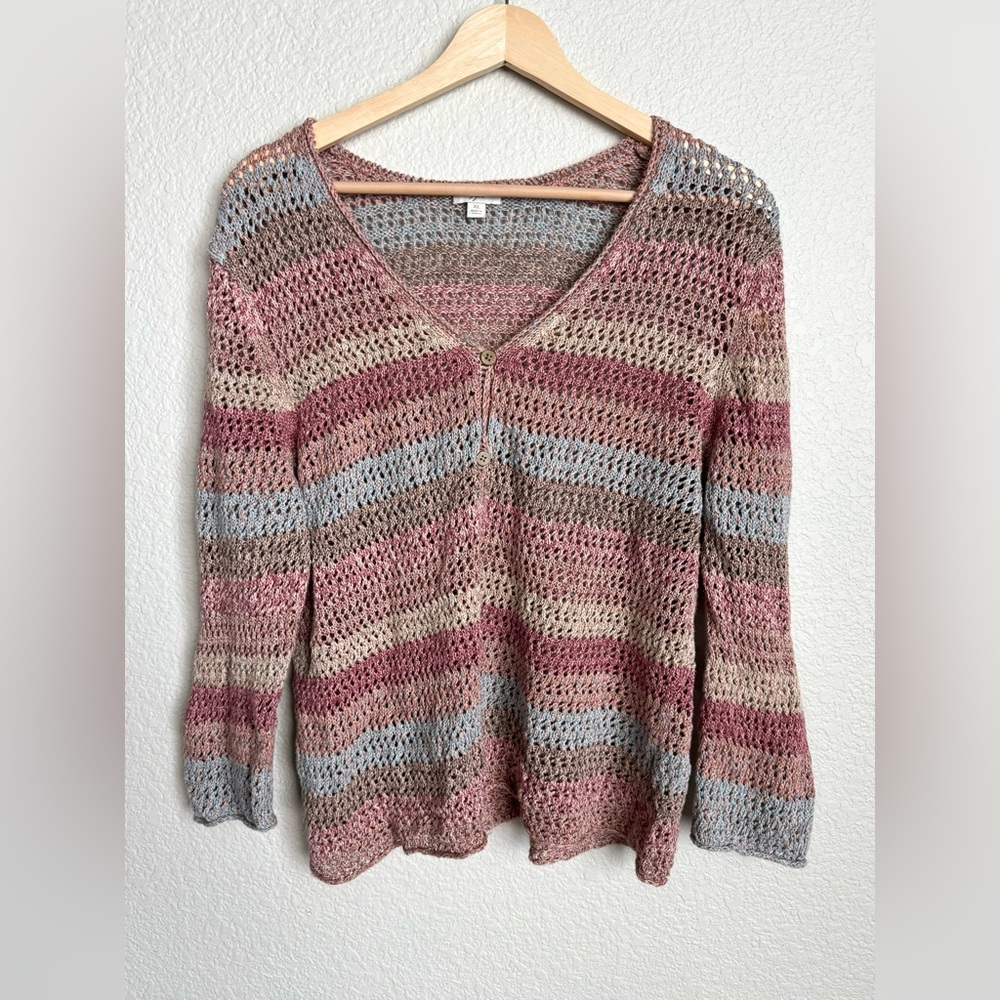 J. Jill Open Knit Sweater Multicolor Linen Blend Button Size XL